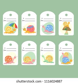 Gift tags are cute snails. Set of 8 decorative cartoon invitations. Collection of holiday cards.