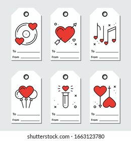 Gift tags design on white background. Love, romantic, wedding, heart  theme. Printable St Valentine's day collection in line style. 