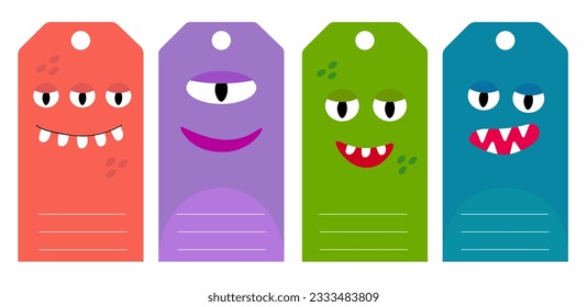 Gift tags with funny cartoon monsters. Some blank space for your text included. Vector flat illustration
