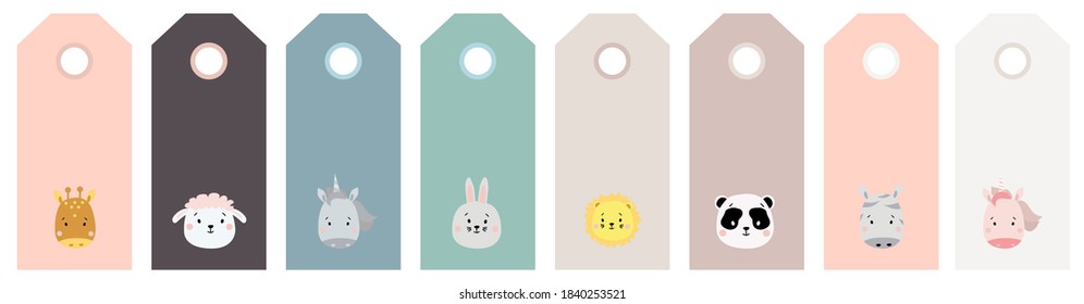 gift tags. Multicolored Set of cute animal portraits. animal print - zebra, giraffe and sheep, unicorn and hare, lion and panda, Vector. Scandinavian style. For card design, design and print