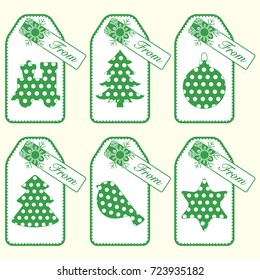 Gift tags with new year and christmas symbols with polka-dots and ribbon. Design for postcard, banner, poster or print.