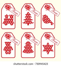 Gift tags with new year and christmas symbols with polka-dots and ribbon. Design for postcard, banner, poster or print.