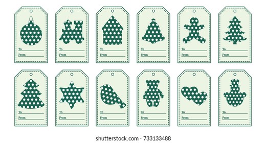 Gift tags with new year and christmas symbols with polka-dots and ribbon. Design for postcard, banner, poster or print.