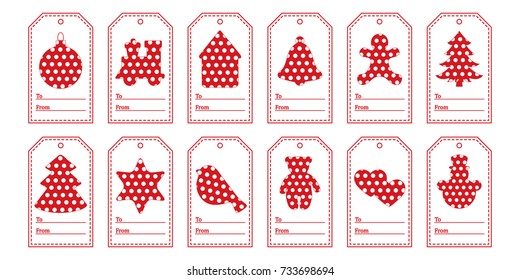 Gift tags with new year and christmas symbols with polka-dots and ribbon. Design for postcard, banner, poster or print.