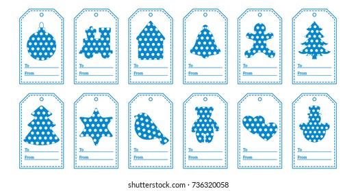 Gift tags with new year and christmas symbols with polka-dots and ribbon. Design for postcard, banner, poster or print.