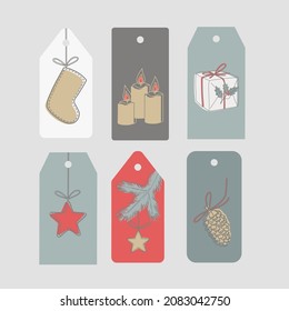 Gift tags set for Christmas ans winter holiday linear design elements gift cone candle hand made decoration