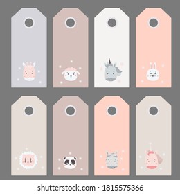 gift tags. Set of cute animal portraits - zebra, unicorn and hare, lion and panda, giraffe and sheep. Vector illustration. Scandinavian style. For the design, design and printing. Childrens collection