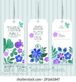 Gift tags set for design. Watercolor flowers. Vector art.