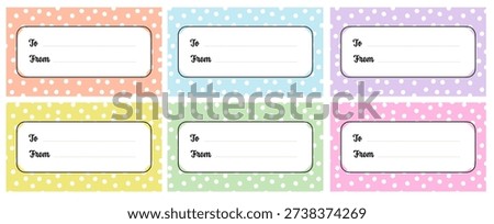 Gift tags set with dotted patterns in Danish pastel colors. Blank labels with place for text To and From. Spring birthday and Easter tag collection