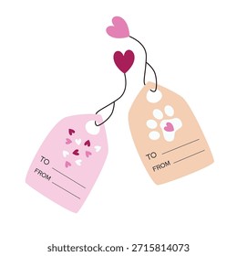 Conjunto de etiquetas de regalo con corazones y huellas de patas de gato. Etiquetas de Vector festivo para el Día de San Valentín