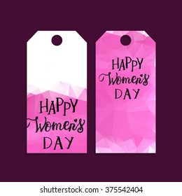 Gift tags set with ink lettering "Women's day" on pink triangle background. Use for gift cards, banners, invitations. Vector EPS 10