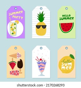 Gift tags with summer elements. Cartoon tropical fruit, ice cream, milkshake, lemonade. Colorful summer labels. Vector illustration