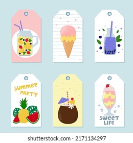 Gift tags with summer elements. Cartoon tropical fruit, ice cream, milkshake, cocktails. Colorful summer labels. Vector illustration