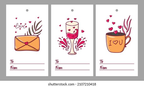Gift tags for Valentine's Day. Cards for goods with love. Text to and from. Gift, floral ornament, heart.