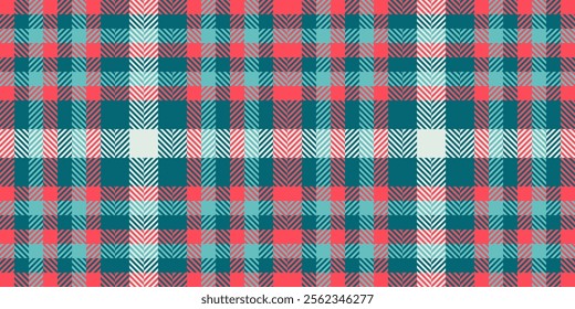 Gift tartan texture background, aesthetic seamless plaid vector. Knit pattern textile check fabric in cyan and red colors palette.