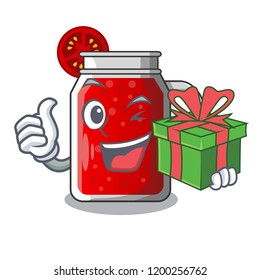 With gift tasty tomato juice on cartoon table