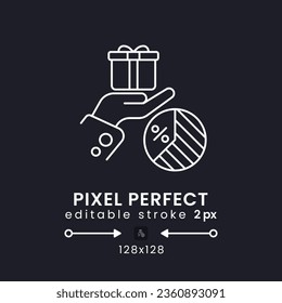 Gift Tax white linear desktop icon on black. Wealth transfer regulations. Inheritance taxation. Pixel perfect 128x128, outline 2px. Isolated user interface symbol for dark theme. Editable stroke