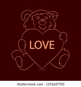 Gift teddy bear sitting and holding a heart, sparkling pattern on chocolate background, vector