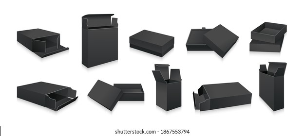 Modelo de regalo caja negra de maquillaje 3D set. Colección de cajas de embalaje de productos. Paquete de papel abierto realista en blanco. Cartón realista con sombra para diseño, marca. Ilustración del vector