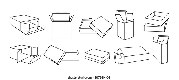 Juego de caja lineal negra de plantilla de regalo. Colección de esquema de cuadros de empaquetado de productos. Paquete de papel abierto de contorno. Cartón para cosmética, regalo, diseño, marca. Ilustración del vector