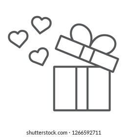Gift thin line icon, love and package, gift box with hearts sign, vector graphics, a linear pattern on a white background, eps 10.