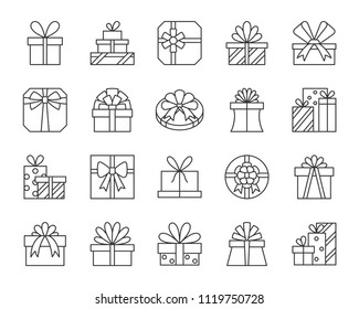 Gift thin line icons set. Outline web sign kit of cute bounty box. Present linear icon collection includes bow, parcel, pack. Simple gift black contour symbol isolated on white. Vector Illustration