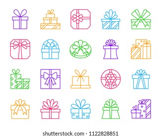 Gift thin line icons set. Outline monochrome sign kit of bounty box. Present linear icon collection includes pack, wrap, ribbon. Simple gift color contour symbol isolated on white. Vector Illustration