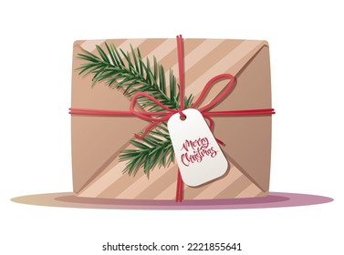 A gift tied with a ribbon with a spruce branch. A box wrapped in wrapping paper with holiday greetings. Christmas and New Year illustration