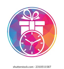 Elemento de diseño del logotipo del icono de tiempo de regalo. Caja de regalo y ilustración del logotipo de reloj.