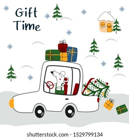 gift time poster with rat in car - vector illustration, eps