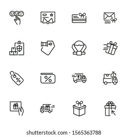 Gift transportation line icon set. Set of line icons on white background. Shopping concept. Shop, box, payment. Vector illustration can be used for topics like modern life, urban, comfort
