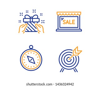 Gift, Travel compass and Sale icons simple set. Archery sign. Present, Trip destination, Shopping store. Attraction park. Holidays set. Linear gift icon. Colorful design set. Vector