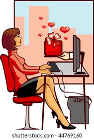 Gift of the truelove The girl sitting in front of the monitor from which hand submits to it a gift