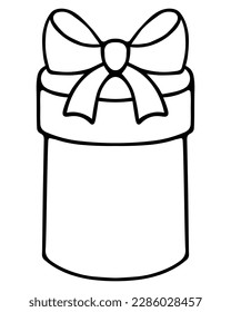 Gift in a tube box. Sketch. Surprise in a rounded package, decorated with a bow. Vector illustration. Isolated background. Coloring book for children. Doodle style. Nice present. Holiday package 