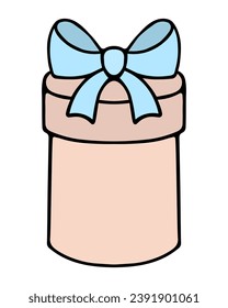 Gift in a tube box. Surprise in a rounded cardboard box, decorated with a blue bow. Color vector illustration. Isolated background. Cartoon style. Nice present. Holiday package delivery. Birthday. 