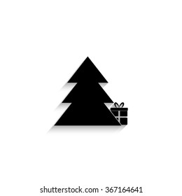 Gift under christmas tree - black vector  icon with shadow