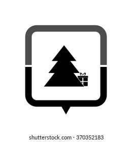 Gift under christmas tree - black vector icon; map pointer;  message bubble