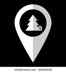 Gift under christmas tree - white vector icon;  map pointer