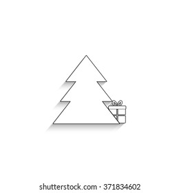 Gift under christmas tree - white vector icon with  shadow