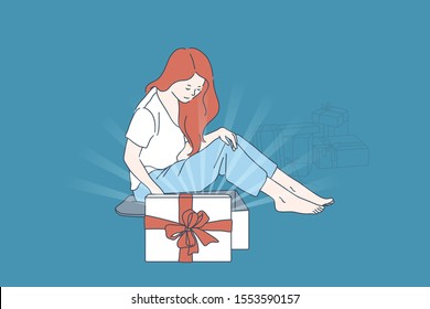 Gift unpacking, surprise satisfaction concept. Opening gift boxes, Bday mood, expectation rejoicing, glad birthday girl with packed presents pile, happy young woman. Simple flat vector