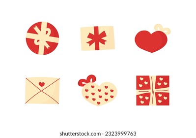 Caja de regalo de San Valentín conjunto rojo y blanco. Caricatura de dibujos animados de Doodle y envoltura de bodas.