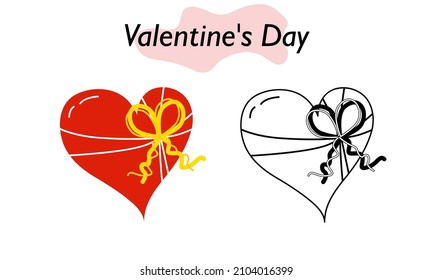 Un regalo para el día de San Valentín en la forma de un corazón rojo atado con una cinta con un arco. Un símbolo de amor y una fiesta de San Valentín. Ilustración vectorial.