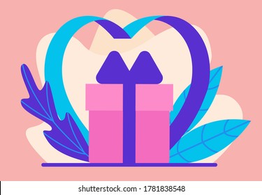Gift for Valentine's day. Pink gift box and heart on background decorated with leaves and plants. Flat design. Vector illustration.