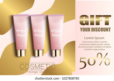 Gift vaucher cosmetics. Discount poster. Package design template. Ads vector realistic illustration 3d.