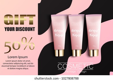 Gift vaucher cosmetics. Discount poster. Package design template. Ads vector realistic illustration 3d.