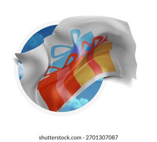 Gift, vector 3d flag against a blue sky, through a round hole on a white background