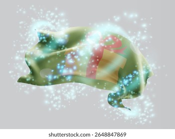 Gift, vector 3d flag in whirlwind of magical radiance
