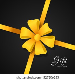 Gift vector card. Big yellow bow with six petals in center of picture. Gift. Bright narrow long ribbon. Simple cartoon style. Front view. Cute decoration for holiday. Flat design. Anniversary concept