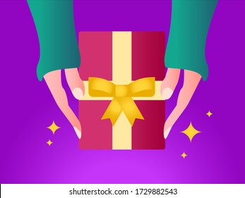 Gift vector concept: hands giving the glittering red present box,