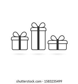 Gift vector icon set. Gift boxes, presents isolated on white. Sale, shopping concept. Collection for Birthday, Christmas, Easter Valentines day Holidays. Linear flat design sign